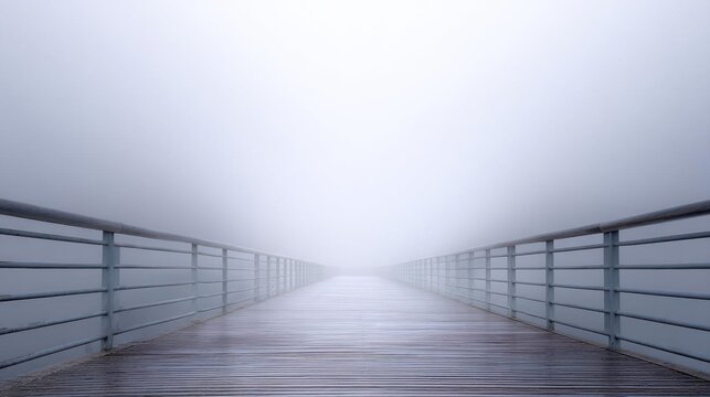 Long wooden boardwalk with a metal railing on both sides. the boardwalk is empty and stretches into the distance, with a foggy sky in the background.