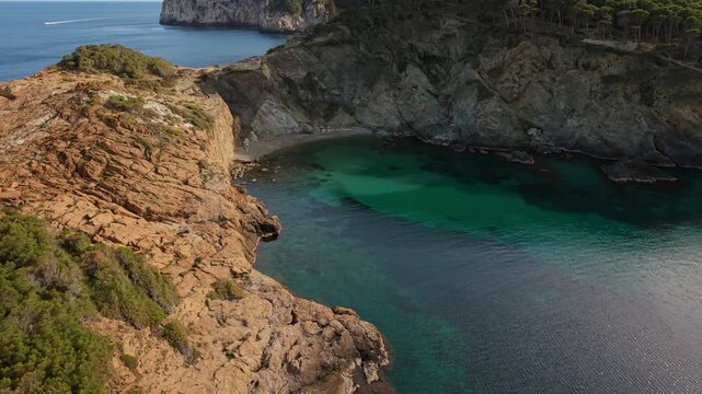High-angle drone shot of the secluded Cala s'Eixugador cove near Begur on the Costa Brava, Spain. Features crystal clear turquoise Mediterranean water, rocky cliffs, and pine forests. Sunny summer day