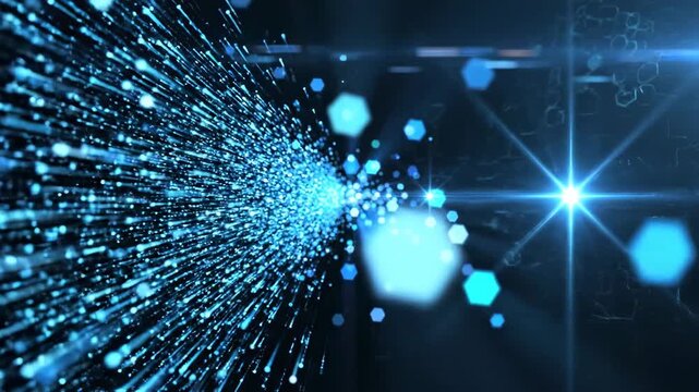 Abstract blue particles exploding outwards with hexagonal shapes and light flares