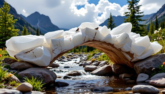 The image features a natural stream flowing over rocks in a mountainous landscape