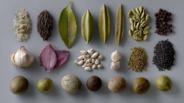 Flat lay of various types of spices arranged in a grid-like pattern on a gray background. there are nine different types of herbs and spices in total, arranged in two rows and three columns.