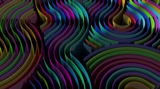 Abstract colorful maze made of repeating glossy ribbon shapes curve in smooth rhythmic patterns. Psychedelic three dimensional background with layered stripes and vibrant changing colors. 4K 60fps