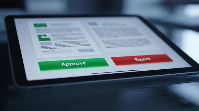 Tablet displaying green approve and red reject buttons on a digital form for fast online approvals