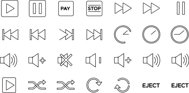 Media Control Icons, Playback Symbols, Audio Video Buttons, Interface Elements, 25 Vector Graphics