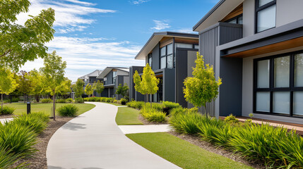 Obraz premium Two modern suburban houses connected by a curved pathway in a serene neighborhood, property exchange and real estate investment concept, with copy space