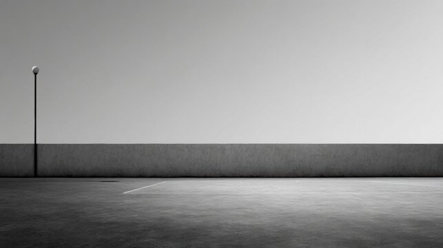 Black and white photograph of an empty parking lot. the photo is taken from a low angle, looking towards the horizon. the sky is overcast and the ground is covered in a concrete surface.