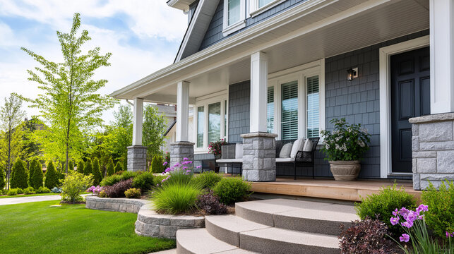Modern suburban house exterior with a welcoming porch, manicured lawn, and stone accents, curb appeal and real estate concept, home exterior photography, with copy space