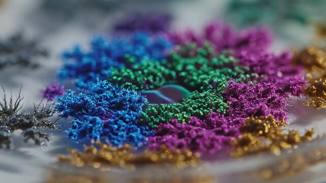 Macro shot of colorful crystalline fractal formations and glittering textures in a shallow dish