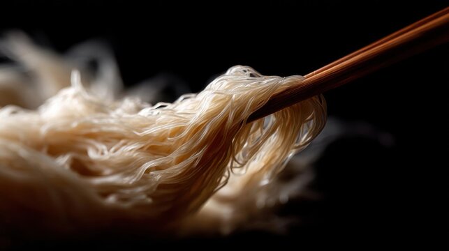 Close-up of a pair of wooden chopsticks resting on top of a pile of noodles. the noodles appear to be thin and fluffy, and they are light brown in color.