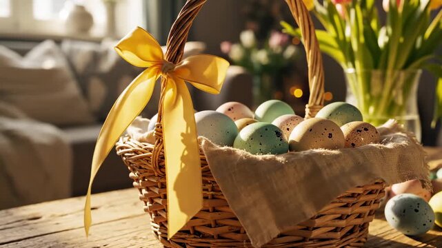 Easter basket filled with speckled eggs and a yellow ribbon, bathed in warm sunlight