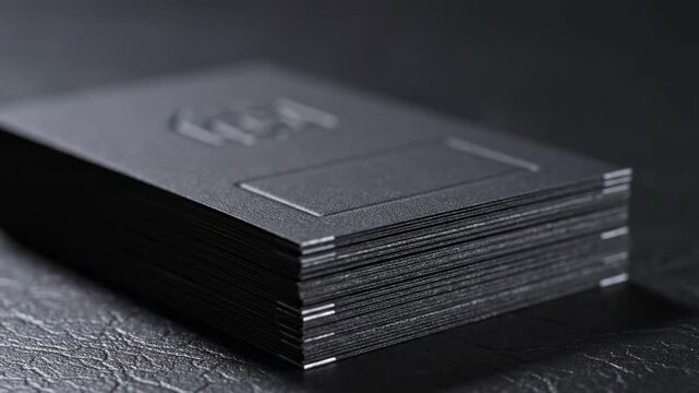 Stack of matte black embossed business cards on dark leather surface showcasing luxury design