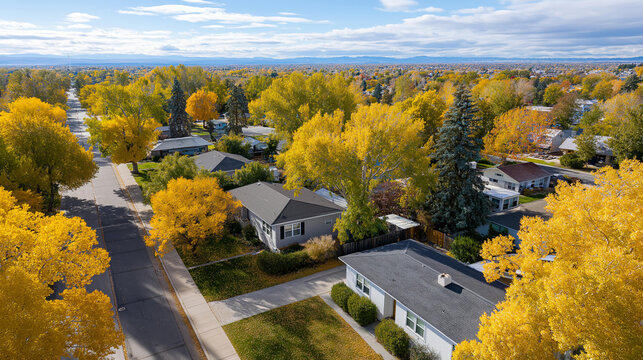 Aerial drone view of an American suburban neighborhood with single-family houses in an autumn fall season, establishing shot of residential community, with copy space