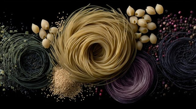 Collection of different types of pasta and nuts arranged in a circular pattern on a black background. the pasta is in the center of the image, with a spiral-like shape that resembles a spiral.