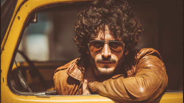 Man with curly hair wearing sunglasses leaning on vintage vehicle