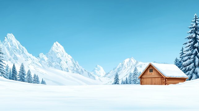 Serene Winter Landscape with Rustic Cabin nestled in Snowy Mountains under Clear Blue Sky