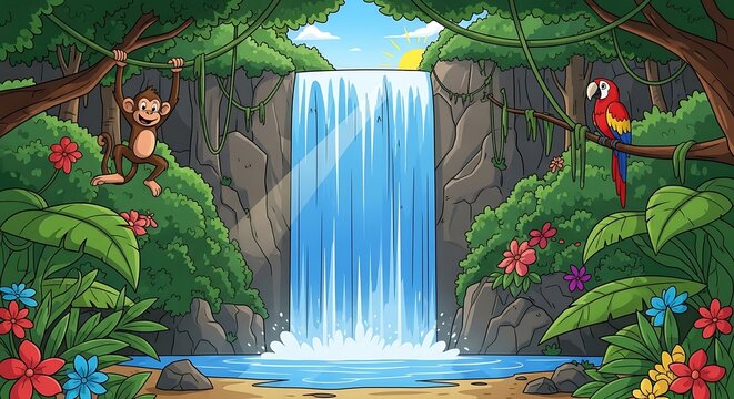 Lush jungle waterfall scene with monkey, parrot, and colorful flowers