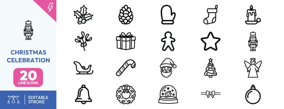 A collection of twenty minimalist black line icons representing traditional Christmas holiday celebration symbols