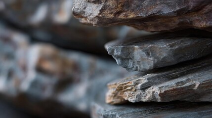 Naklejka premium Close-up of a stack of rocks. the rocks are of different sizes and colors, with some being dark and others lighter. the texture of the rocks is rough and uneven, with visible cracks and crevices.