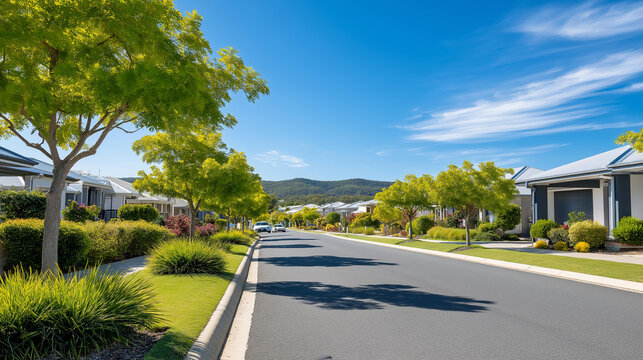 Quiet suburban street in Australia lined with evenly spaced street trees, manicured lawns, and modern houses, wide footpath and nature strip concept, with copy space