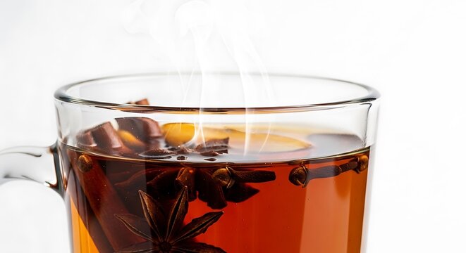 A steaming glass mug of warm spiced tea on a white background