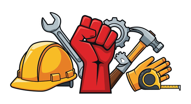 A powerful vector graphic illustration symbolizing labor, industry, and the essential tools of the working class.