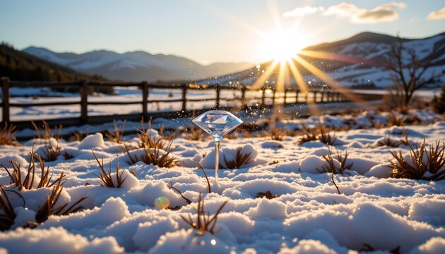 The image depicts a snowy landscape during sunrise or sunset, with the sun low on the horizon casting warm, golden light across the scene