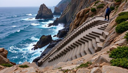 Fototapeta premium The image depicts a rugged coastal scene with large rocks and steep cliffs meeting the ocean. Waves crash against the rocks, creating white foam amidst the deep blue water