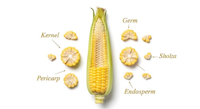 An ear of corn with labeled parts including kernel pericarp germ and endosperm
