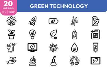 Naklejka premium A collection of twenty linear style icons representing environmental sustainability and modern green technology solutions.
