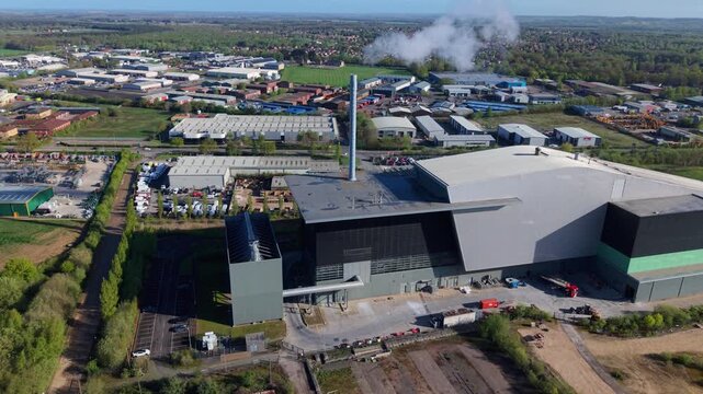 Aerial drone view of the Lincoln Energy Recovery Facility ERF power plant in North Hykeham UK