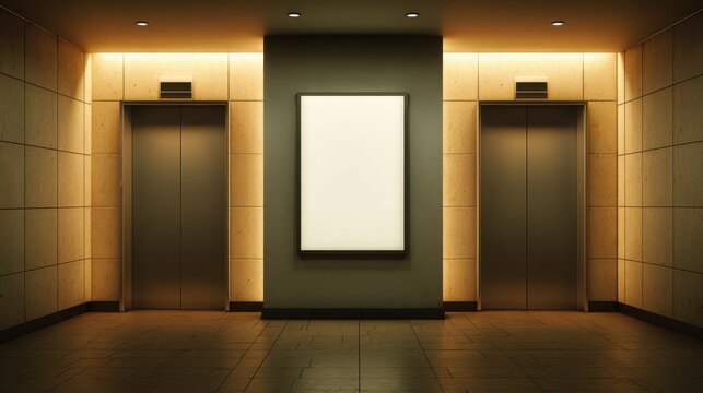 premium Modern minimalist elevator lobby interior with blank poster background