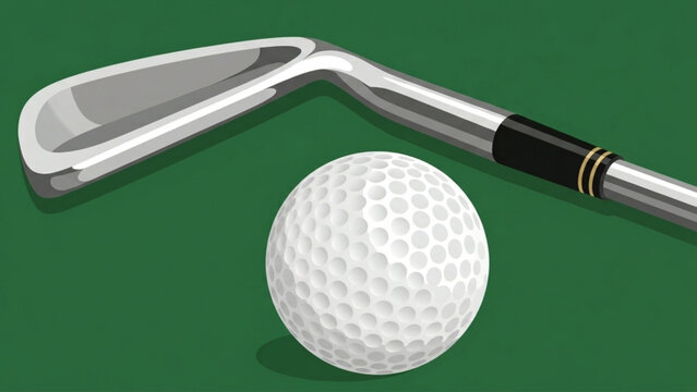 Golf ball and iron club on green background