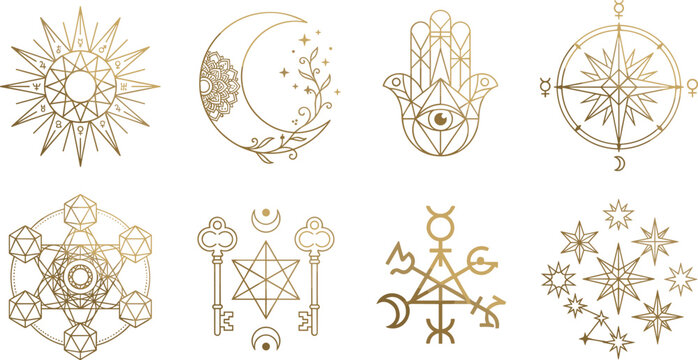 Golden mystical and astrological symbols featuring sacred geometry crescent moon hamsa hand and alchemical sigils