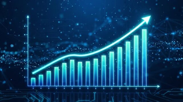 Rising bar chart with glowing upward arrow on dark blue digital background for business growth, financial success, data analysis, statistics, and finance