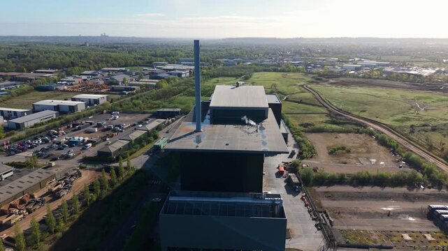 Aerial drone view of a large energy recovery facility and modern waste to renewable power plant in Lincoln