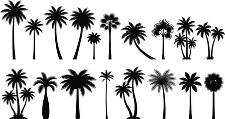Fototapeta premium Collection of silhouette illustrations depicting various types of palm trees in different sizes and styles