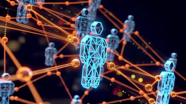 Digital human figures connected with network lines representing social connection communication technology and data sharing concept