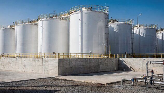 Medium shot of a tank farm featuring vertical storage tanks enclosed by reinforced concrete containment dikes and safety railings under clear sky conditions.