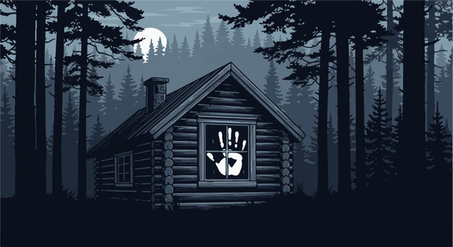 Spooky cabin in dark forest under a full moon with a handprint