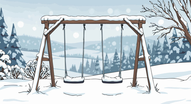 Snowy winter landscape with an empty wooden swing set