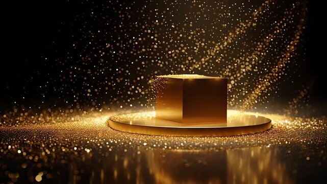 Golden Cube on Pedestal with Glittering Particles Falling.