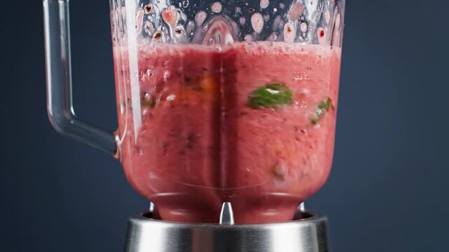 A glass blender jar filled with layers of fresh whole strawberries, cubed white and pink dragon fruit, diced mango chunks, and green baby spinach leaves against a dark background.
