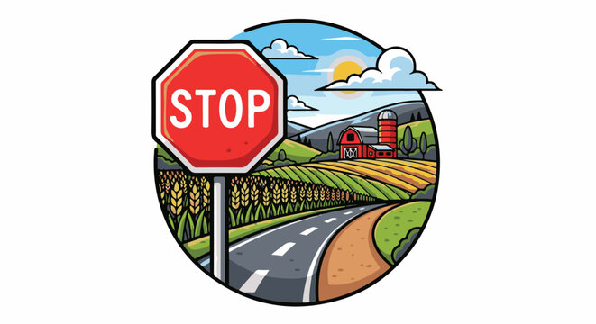 Stop sign and farm landscape with road, fields, and barn