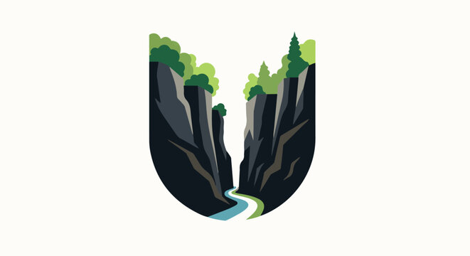 Stylized view of a narrow canyon with a winding river and lush trees