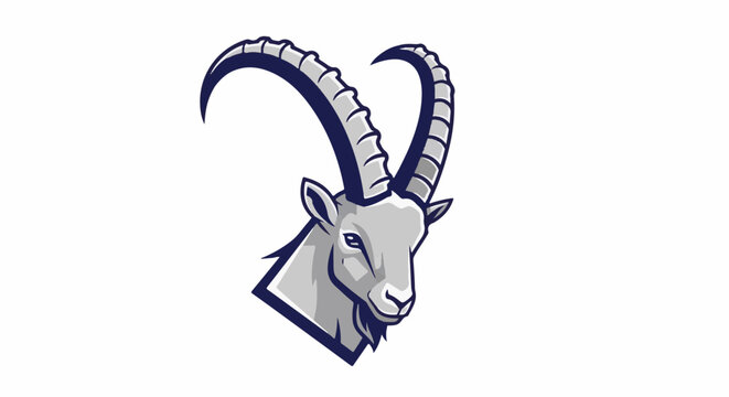 Stylized ibex head with large, curved horns and gray fur