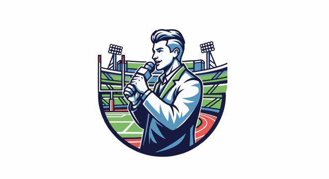Stylized male announcer speaking into a microphone at a stadium