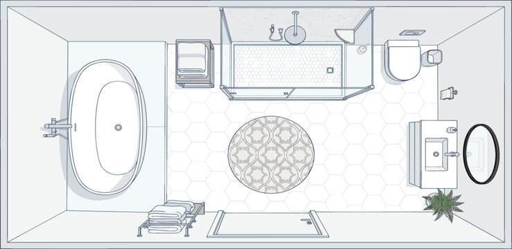 A detailed blueprint of a spacious modern bathroom layout, showcasing elegant fixtures and thoughtful design elements