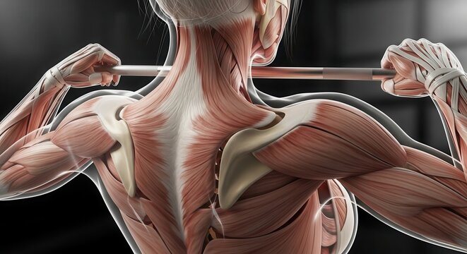 Anatomical illustration of the muscular system of the upper back and shoulders during a weightlifting exercise.