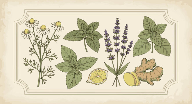 Vintage botanical illustration of herbs and roots for teas and remedies