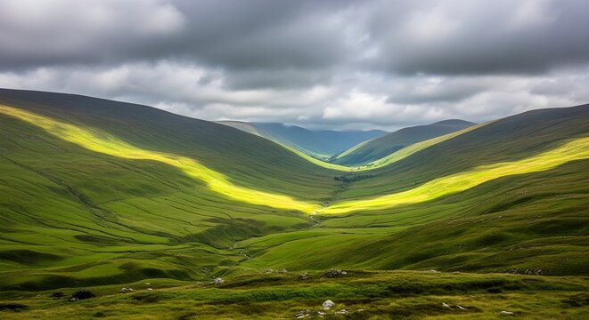 dramatic green hills with yellow gorse flowers under cloudy sky